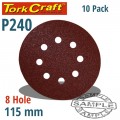 SANDING DISC 115MM 240 GRIT WITH HOLES 10/PK HOOK AND LOOP