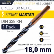 HSS SPRINT MASTER 18.0MM RED SHANK 12.5MM X1 SLEEVED DIN338 ALPEN DRIL