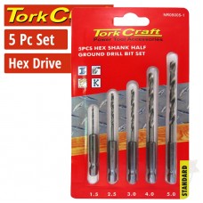 DRILL BIT SET 5PCS HSS HALF GROUND HEX SHANK 1.5/2.5/3/4/5MM POLISHED